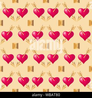 Nahtlose Muster Hintergrund mit Herzen durch den goldenen Pfeilen durchbohrt. Valentines Tag Urlaub Typografie. Vector EPS 10. Stock Vektor