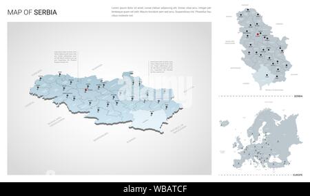 Vektor einrichten von Serbien Land. Isometrische 3d-Karte, Serbien Karte, Europa Karte - mit Region, Staat Namen und Städtenamen. Stock Vektor