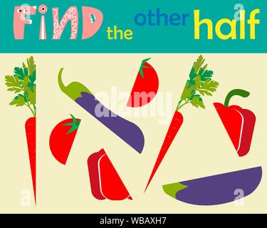 Ein Spiel für Kinder Logik entwickeln. Nehmen Sie die zweite Hälfte. Vector Illustration. Passende Kinder Lernspiel. Entsprechen Teile von Cartoon Gemüse. Stock Vektor