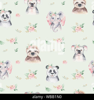 Aquarell nahtlose Muster mit einem Baby Elefant Panda und Koala. Hintergrund cartoon Elefant tropische Tiere Stockfoto