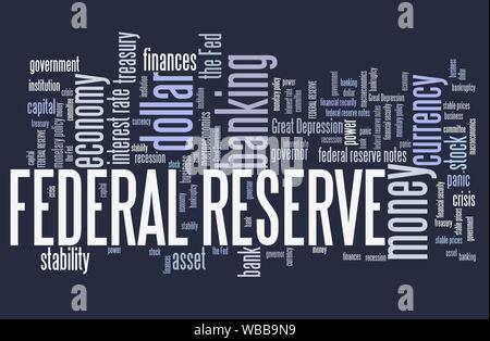 Federal Reserve - Wirtschaft Stabilitäts- und Währungspolitik Wort Collage. Stockfoto