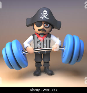 3d cartoon Pirate captain Charakter heben einige schwere Gewichte, 3d-Grafik rendern Stockfoto