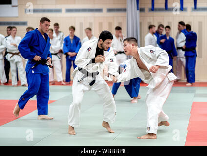 Hannover, Deutschland. 20 Aug, 2019. Tarife Badawi (M), Flüchtling aus Syrien und Kampfkünstler, Kämpfe während des judo Training in einer Halle am Olympiastützpunkt Niedersachsen mit einem Trainingspartner. Der Sportler des Braunschweiger Judo Club beginnt für die Internationale Föderation, die zum ersten Mal sendet ein Team von Flüchtlingen nach Tokio für die Weltmeisterschaften. Die Wm wird als Test für die Olympischen Spiele angesehen. Credit: Hauke-Christian Dittrich/dpa/Alamy leben Nachrichten Stockfoto