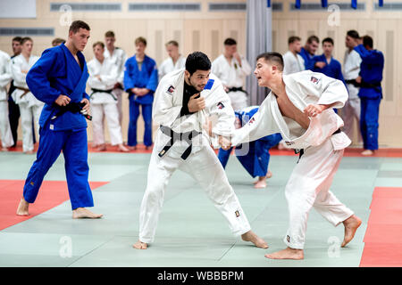 Hannover, Deutschland. 20 Aug, 2019. Tarife Badawi (M), Flüchtling aus Syrien und Kampfkünstler, Kämpfe während des judo Training in einer Halle am Olympiastützpunkt Niedersachsen mit einem Trainingspartner. Der Sportler des Braunschweiger Judo Club beginnt für die Internationale Föderation, die zum ersten Mal sendet ein Team von Flüchtlingen nach Tokio für die Weltmeisterschaften. Die Wm wird als Test für die Olympischen Spiele angesehen. Credit: Hauke-Christian Dittrich/dpa/Alamy leben Nachrichten Stockfoto