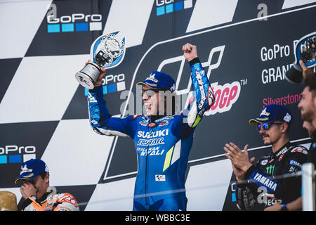 Alex Rins Champagner auf dem Podium, Ecstar Suzuki, Silverstone MotoGP, Silverstone 2019 GoPro britischen Grand Prix Stockfoto