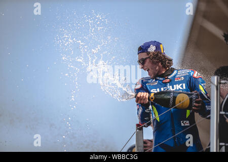 Alex Rins Champagner auf dem Podium, Ecstar Suzuki, Silverstone MotoGP, Silverstone 2019 GoPro britischen Grand Prix Stockfoto