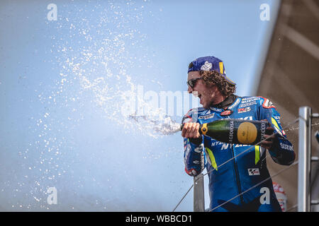 Alex Rins Champagner auf dem Podium, Ecstar Suzuki, Silverstone MotoGP, Silverstone 2019 GoPro britischen Grand Prix Stockfoto