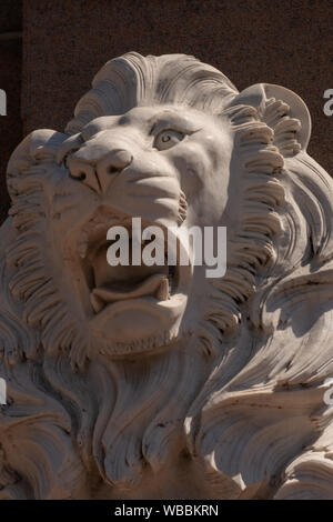 Eine ausdrucksstarke Skulptur eines Löwen Kopf aus weißem Stein. Close-up Stockfoto