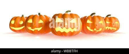 Fünf Halloween Kürbisse Kopf jack Lantern auf weißem Hintergrund. 3D Rendering illustration Stockfoto