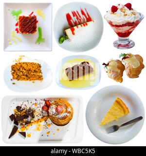 Satz von köstlichen Desserts auf weißem Hintergrund Stockfoto