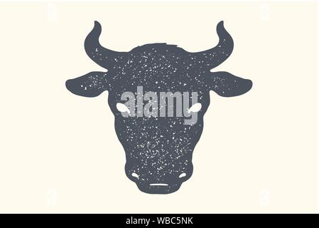 Kuh, Bulle. Vintage Retro Print, Poster, Banner. Schwarz und Weiß Stock Vektor