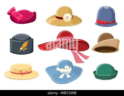 Cartoon Hüte. Bunte Hut für Frauen Vektor-illustration, Kopfbedeckungen für Damen auf weißem Hintergrund Stock Vektor
