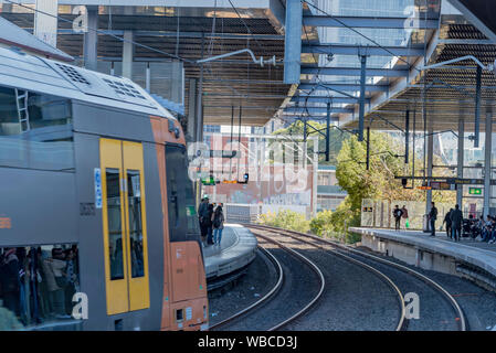 Ein Waratah eine Reihe Zug zieht in den geschwungenen Nummer zwei Plattform in Parramatta Station in Sydneys westlichen Vororten Stockfoto