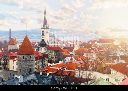 Panorama der Altstadt von Tallinn, Estland. St. Olaf Kirche, historischen Gebäuden und rote Fliese Stockfoto