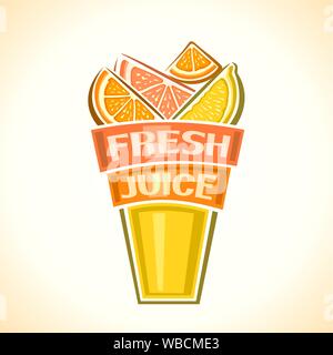 Vector Abbildung: Logo für frischen Zitrusfrüchten, Stilleben Komposition mit Inschrift, bestehend aus Glas Schale gefüllt Zitrone, Orange, ein Stock Vektor