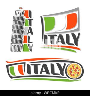 Vector Abbildung: Logo für Italien Architektur, bestehend aus drei isolierten Illustrationen mit nationalen staatlichen italienischen Flagge, schiefen Turm von Pisa Stock Vektor