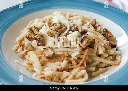 Türkische Hausmannskost Nudel/Eriste mit Käse und Walnüssen. Ökologische Lebensmittel. Stockfoto