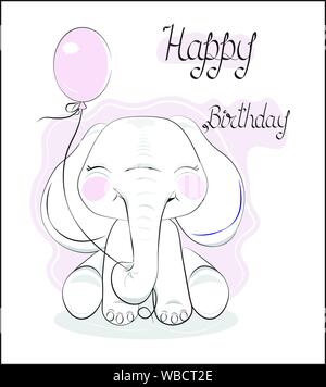 Die schöne gezeichnet Baby Elephant Kalb, blind, mit Ballon, Happy Birthday Card Stock Vektor
