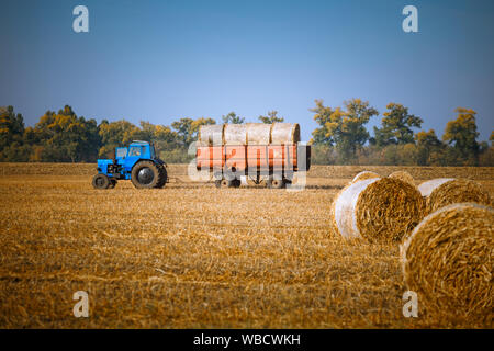 Kaution Heu ernten in der wundervollen Herbst Bauern feld landschaft mit Heu Stacks Stockfoto