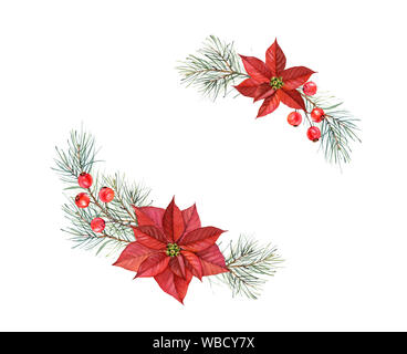 Aquarell Blumensträuße von Weihnachten Sterne. Hand gemalte Abbildung mit zwei Weihnachtsstern Blumen, Pinie, rote Beeren. Winterurlaub Rahmen isoliert Stockfoto