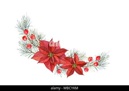 Aquarell arch Anordnung von Weihnachten Sterne. Hand gemalte Illustration mit Weihnachtsstern Blumen, Pinie, rote Beeren. Winterurlaub Kranz Stockfoto