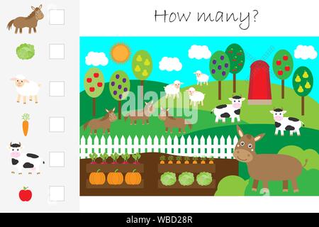 Wie viele zählen Spiel, Tiere und Garten für Kinder, Pädagogische mathe Aufgabe für die Entwicklung des logischen Denkens, Vorschule Arbeitsblatt Aktivität Stock Vektor