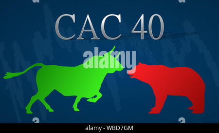 Abbildung: Konfrontation zwischen den Bullen und Bären im französischen Aktienindex CAC 40. Eine grüne Stier gegenüber einem Red Bear mit einem blauen... Stockfoto