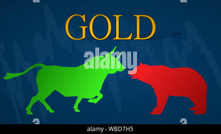 Abbildung einer Konfrontation zwischen den Bullen und Bären in den Rohstoffmarkt Gold. Eine grüne Stier gegenüber einem Red Bear mit einem blauen... Stockfoto