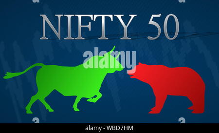 Abbildung: Konfrontation zwischen den Bullen und Bären in den Börsenindex NIFTY 50, National Stock Exchange of India. Eine grüne Stier... Stockfoto