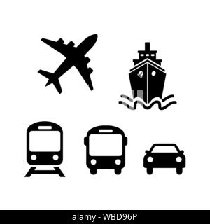 Transport Icons. Flugzeug, Schiff oder Fähre, Zug, Bus und Auto Symbole im flachen Stil. Versand Lieferzeit Symbol auf weißem Hintergrund. Ve Stock Vektor