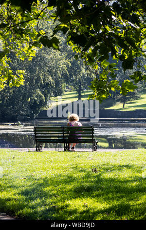 Frau saß auf Ihren eigenen in einem Park mit Blick auf den See Stockfoto