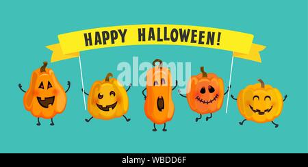 Monster Kürbisse mit Halloween Banner. Stock Vektor