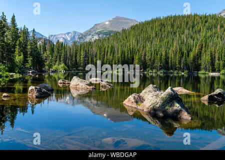 Bear Lake - ein sonniger Sommer morgen Blick auf einen felsigen Abschnitt des Bear Lake, Rocky Mountain National Park, Colorado, USA. Stockfoto