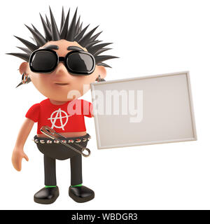 3d-punk rock Zeichentrickfigur mit Spikey hair Holding ein leeres Plakat, 3d-Grafik rendern Stockfoto