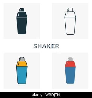 Shaker Icon Set. Vier Elemente in verschiedenen Stilrichtungen von Bar und Restaurant icons Collection. Kreative shaker Icons, Outline, farbige und flach Stock Vektor