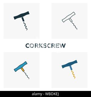 Korkenzieher Icon Set. Vier Elemente in verschiedenen Stilrichtungen von Bar und Restaurant icons Collection. Kreative Korkenzieher Icons, Outline, farbige und Stock Vektor