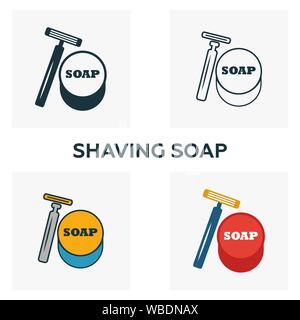 Rasierseife Icon Set. Vier Elemente in verschiedenen Stilrichtungen von Friseur icons Collection. Kreative Rasierseife Icons, Outline, farbige und Stock Vektor