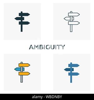 Mehrdeutigkeit Icon Set. Vier Elemente in verschiedenen Stilrichtungen von großen Daten icons Collection. Kreative Zweideutigkeit Icons, Outline, farbige und flach Stock Vektor