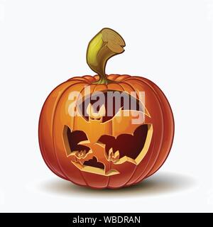 Halloween Cartoon Vector Illustration eines Jack-O-Laterne Kürbis mit einem fliegenden Fledermäuse geschwungene, in Weiß isoliert. Kürbis und geschwungene Lineart und Shadi Stock Vektor