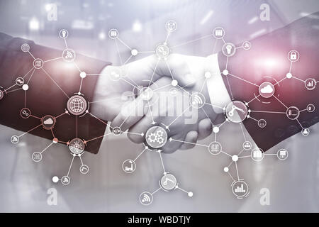 Industrielle Business Process Workflow Organisation Struktur auf virtuellen Bildschirm. Stockfoto