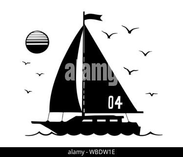 Segelyacht silhouette Vektor Skizze. Ein Boot mit einem Flag schwimmend auf den Wellen. Sonne und Meer Möwen auf einem weißen Hintergrund. Stock Vektor