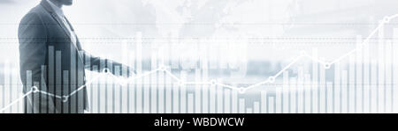 Double Exposure globalen Weltkarte auf Unternehmen finanzielle Börsenhandel Hintergrund Stockfoto