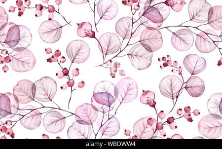 Transparente Blätter Aquarell nahtlose Muster. Hand floraler Abbildung mit rosa Beeren für Hochzeit Design, Oberfläche, Textilien, Tapeten gezeichnet Stockfoto