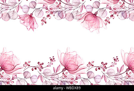 Transparente aquarell Rose. Horizontale Floral frame. Isolierte Hand gezeichneten Anordnung mit großen Blüten und Beeren für Hochzeit Design, Briefpapier Karte Stockfoto