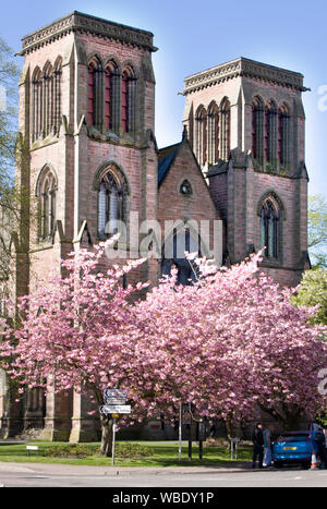 Frühling in Inverness Cathedral, mit blühen auf in der Nähe von Bäumen. Stockfoto