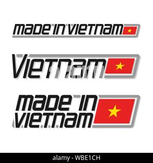 Vector Abbildung: Logo "Made in Vietnam", drei isolierten vietnamesische Staat Flagge und Text Vietnam auf Weiß. Stock Vektor