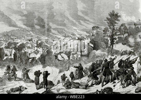 Der orientalischen Frage. Serbian-Turkish Kriege (1876-1878). Serbien erklärt dem osmanischen Reich den Krieg am 30. Juni 1876. Die türkischen Truppen die Stadt Kujaschewatz am 5. August 1876. Gravur. La Ilustracion Española y Americana, 30. August 1876. Stockfoto