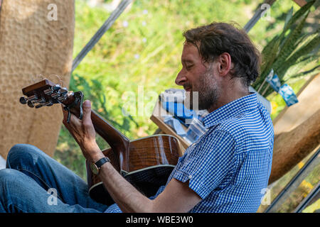 Edinburgh, Schottland. Sun, 25 August 2019. Schottische Musiker Alasdair Roberts führt im Palmenhaus in der Johnston Terrasse Garten am letzten Tag des 2019 in Edinburgh Art Festival. Stockfoto