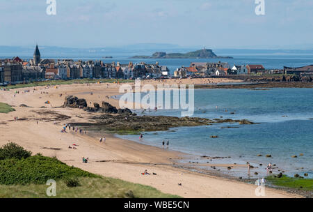 Ein Blick auf Milsey Bay Beach, North Berwick, East Lothian, Schottland. Stockfoto