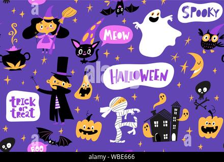 Vektor nahtlose Muster für Halloween mit lustigen Comicfiguren. Stock Vektor